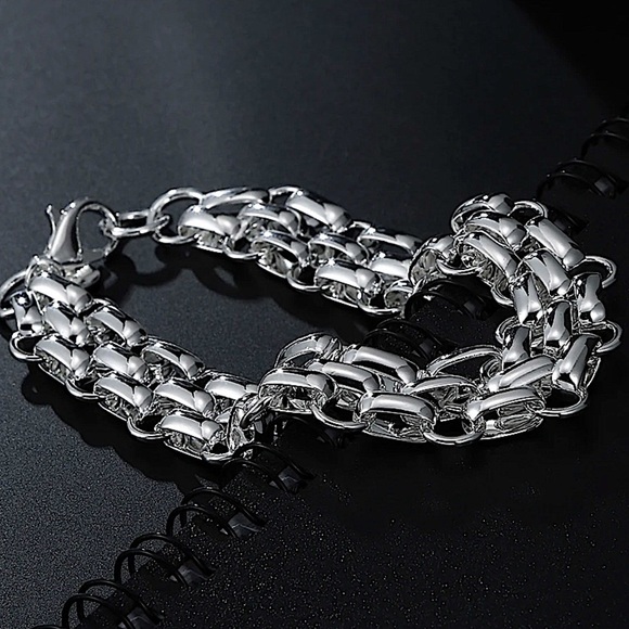 Sterling Silver Chain Link Cuban Mesh Lattice Stamped 925 Bracelet - Picture 7 of 7